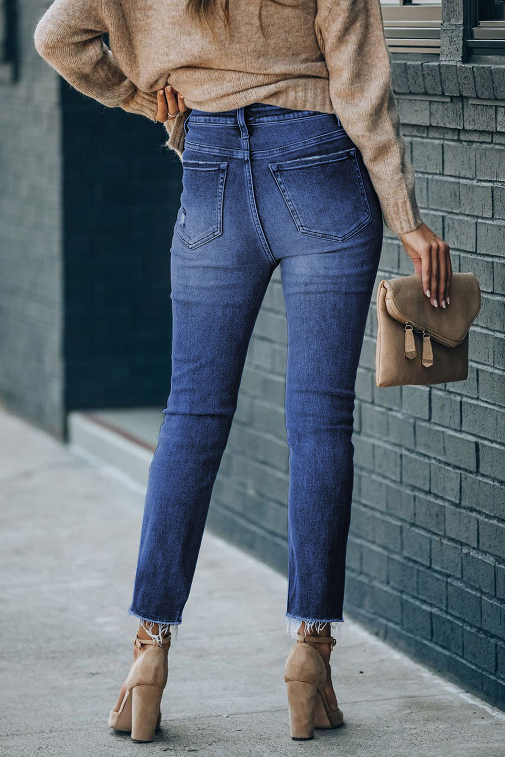 High Waist Raw Hem Skinny Jeans - TRENDMELO