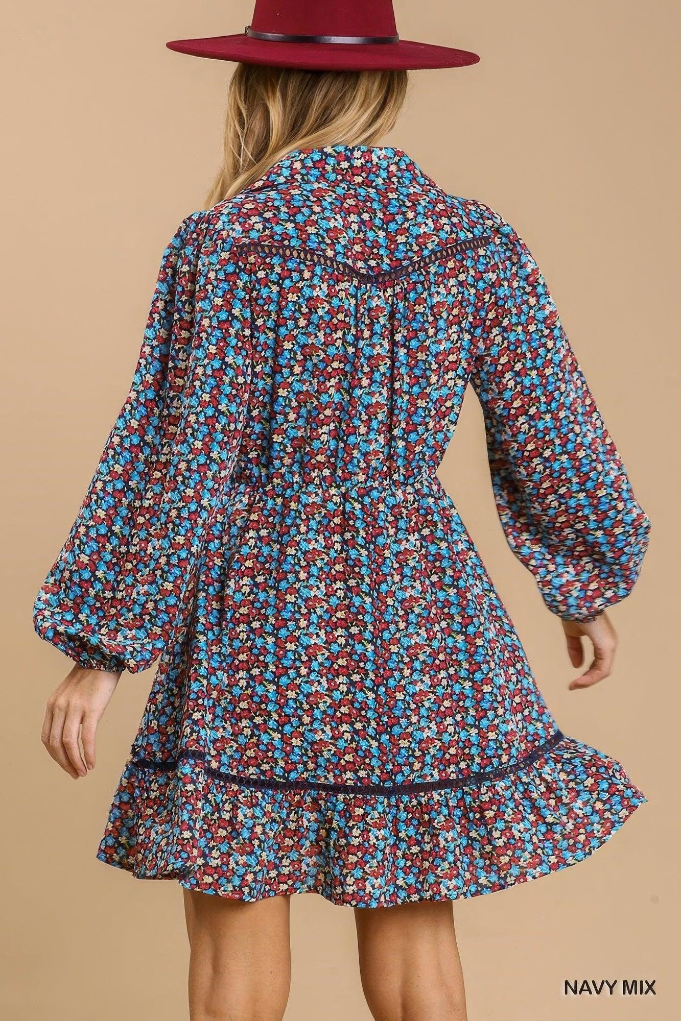 Trendmelo Collared neckline button down floral print dress with crochet trimmed details