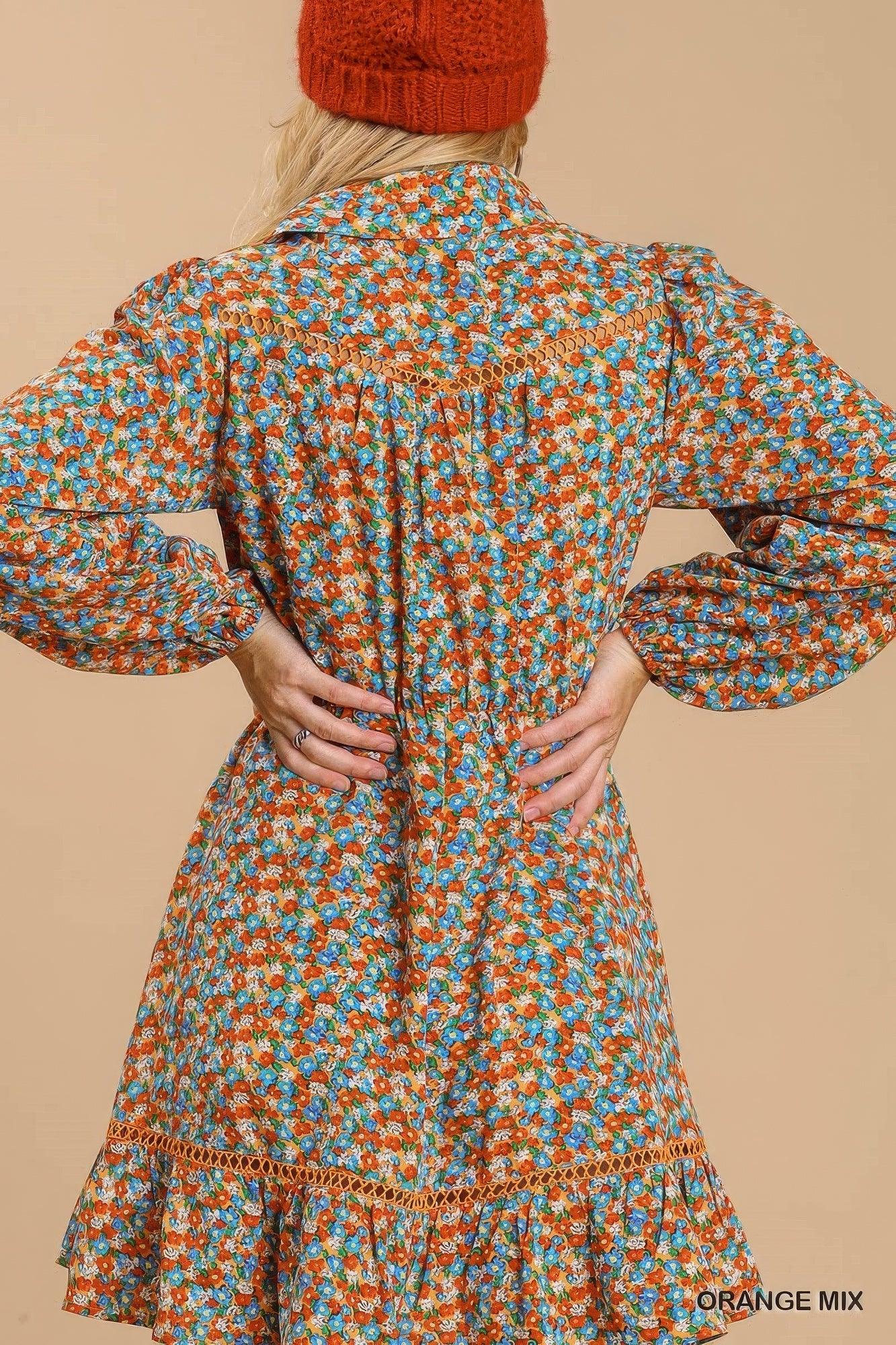 Trendmelo Collared neckline button down floral print dress with crochet trimmed details