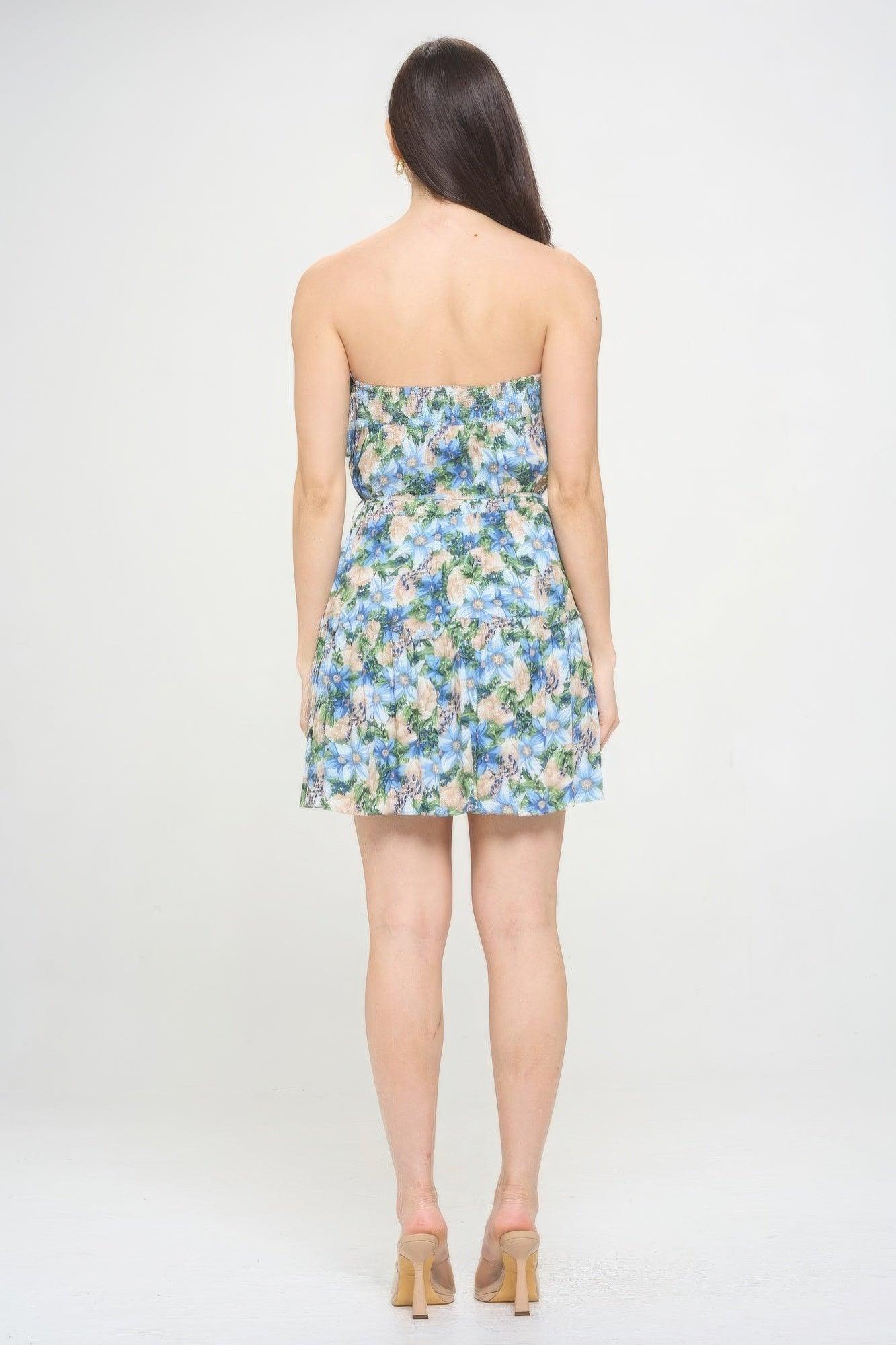 Trendmelo Berry Flower Ruffle Tube Top Mini Dress