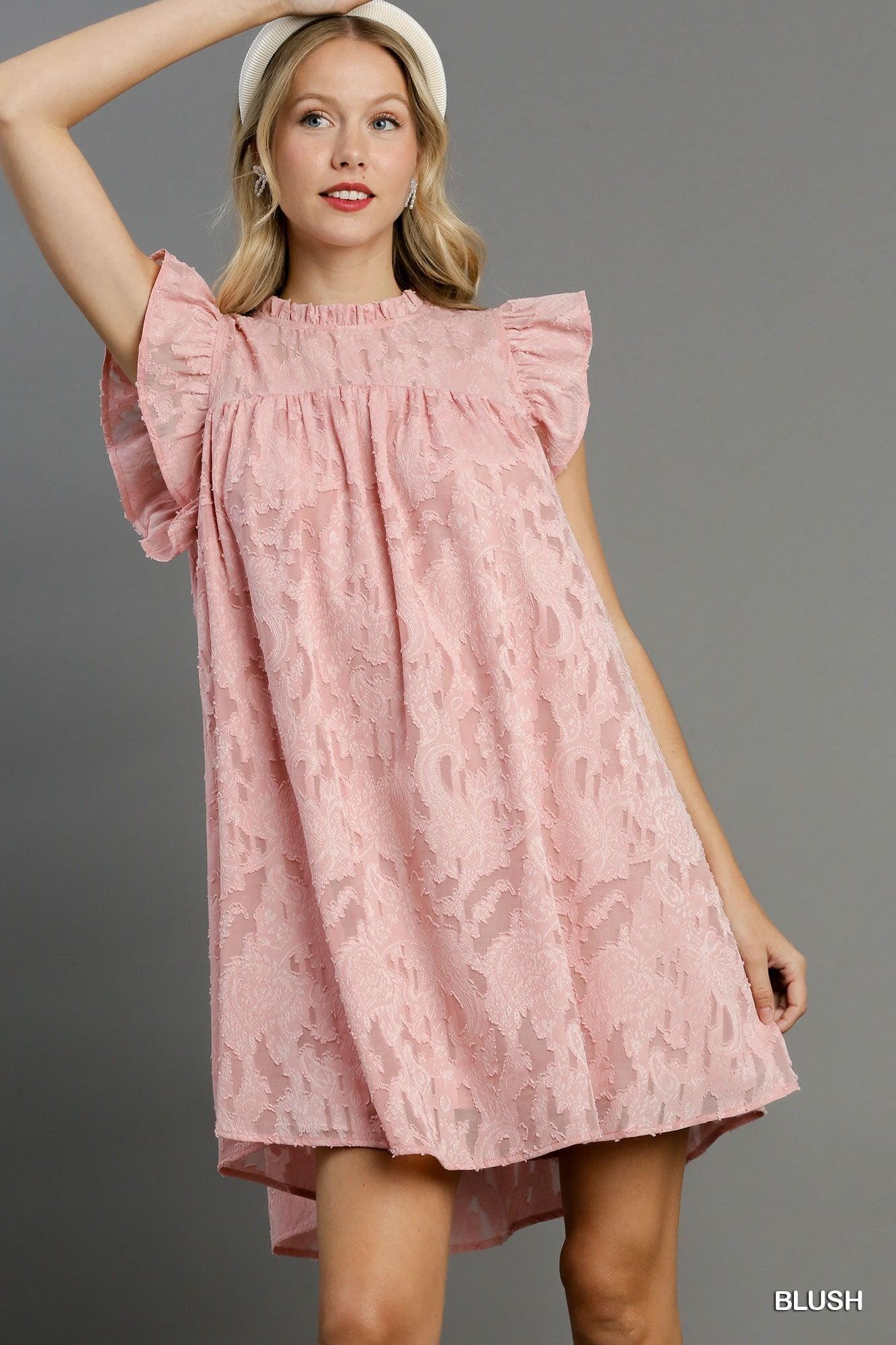 Trendmelo Jacquard Lace Ruffle Short Sleeve Dress With Back Button Keyhole