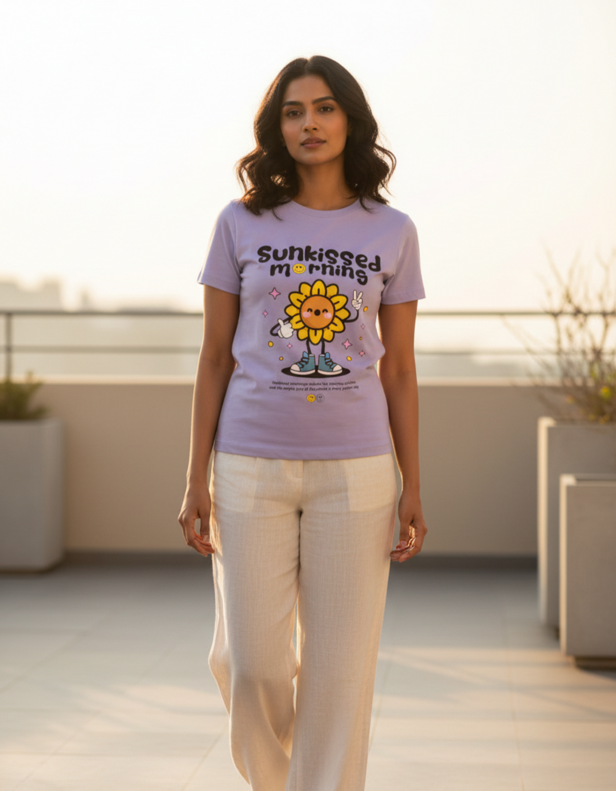 A woman walking outdoors on a tiled terrace wearing a lavender graphic T-shirt with a smiling sunflower and the words 'sunkissed mornings' and off-white wide-leg pants.