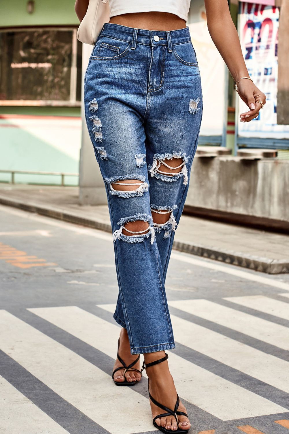 Distressed High Waist Straight Jeans - TRENDMELO