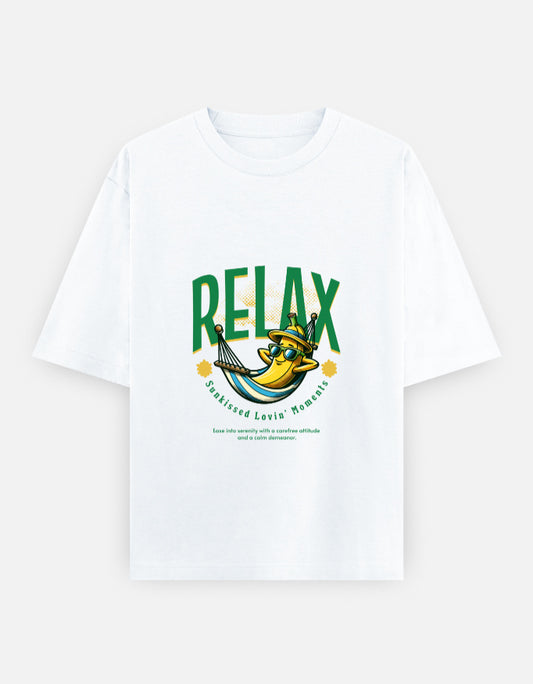 White oversized graphic T-shirt featuring RELAX Sunkissed Banana illustration and drop-shoulder streetwear fit