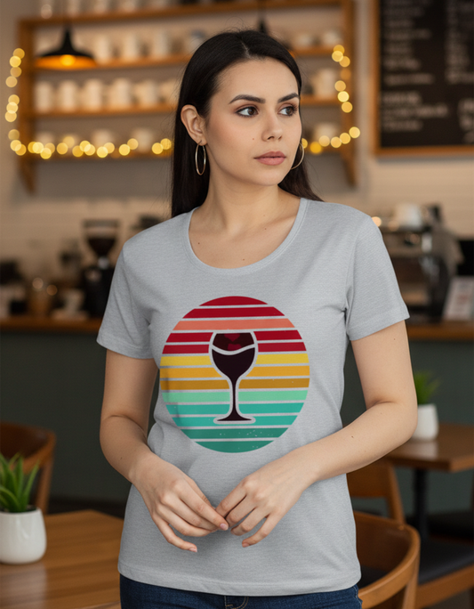 Front view of a grey melange regular fit women's t-shirt featuring a retro circular sunset graphic with crimson, amber, and teal stripes.