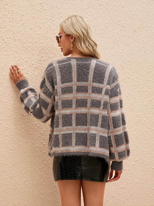 Open Front Plaid Long Sleeve Cardigan - TRENDMELO
