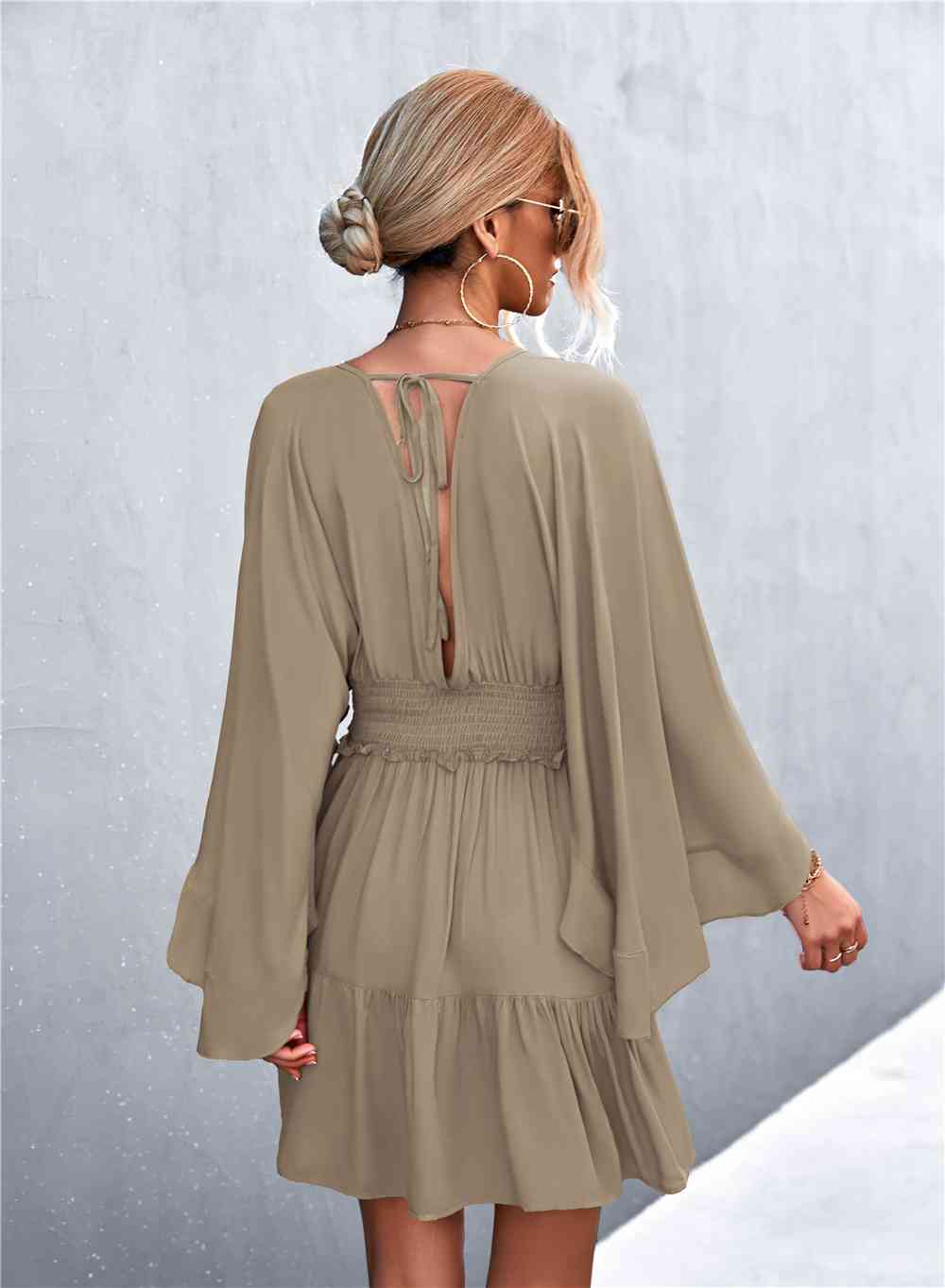 Decorative Button Smocked Waist Surplice Dress - TRENDMELO