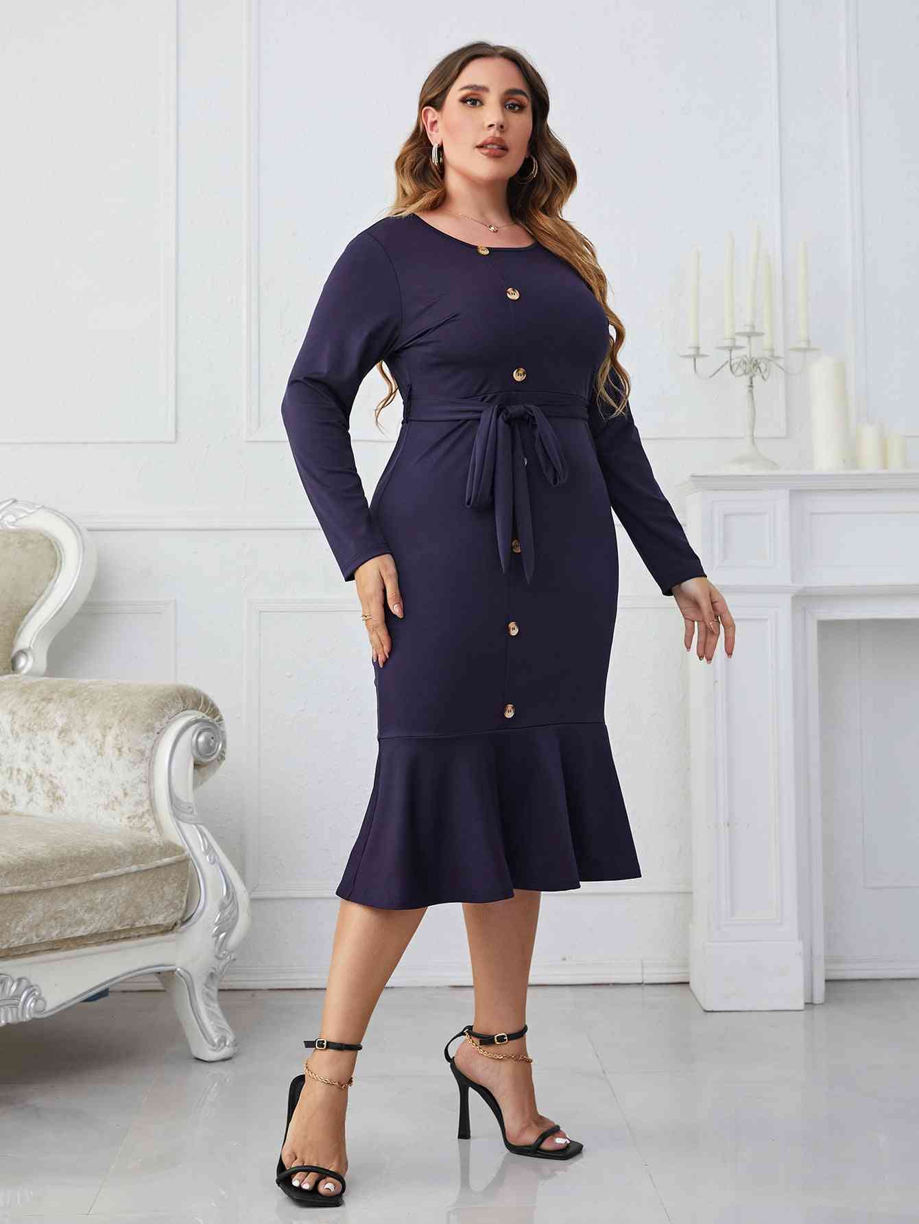 Melo Apparel Plus Size Buttoned Round Neck Tie Belt Midi Dress - TRENDMELO