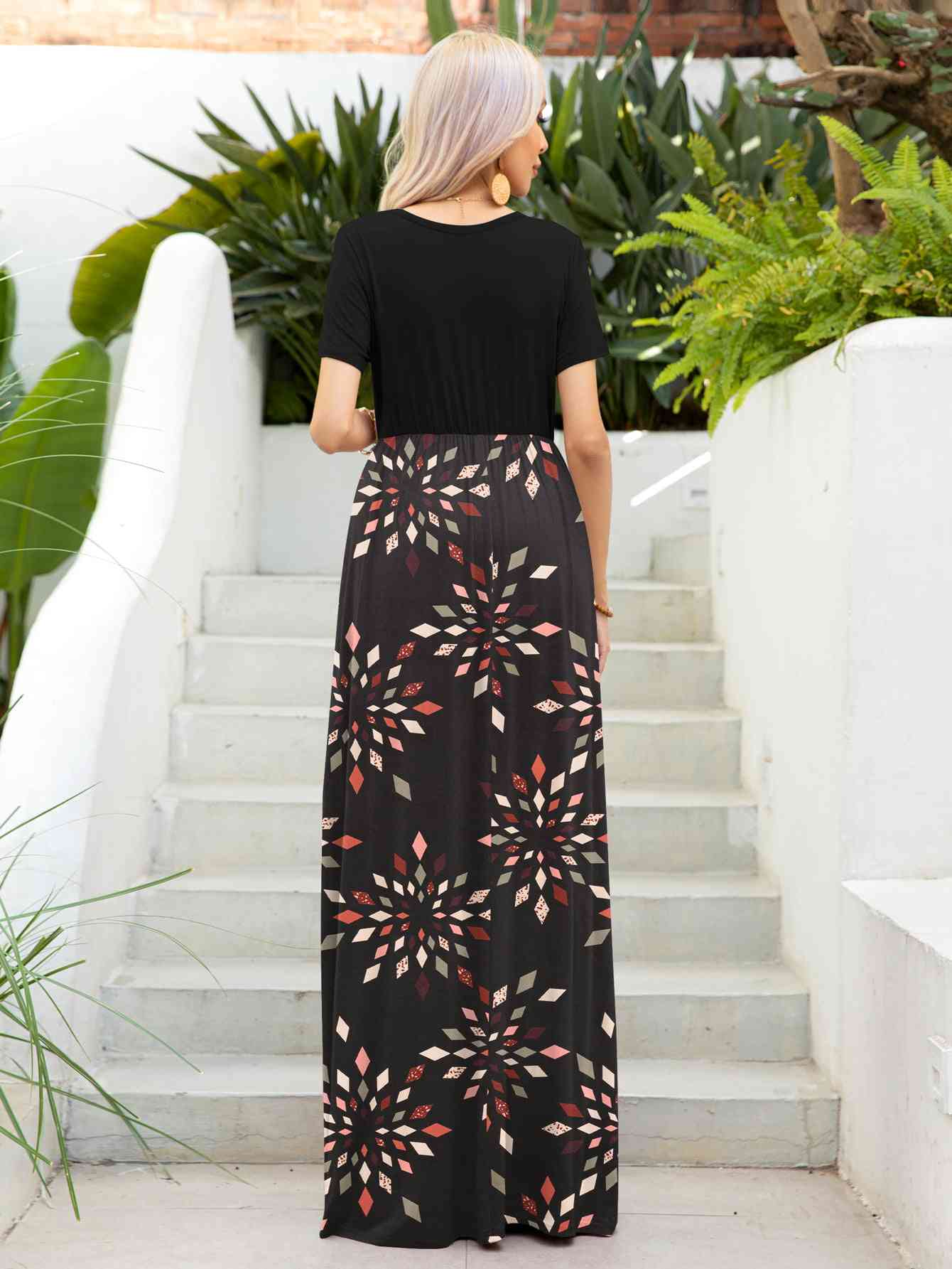 Printed Round Neck Short Sleeve Maxi Dress - TRENDMELO