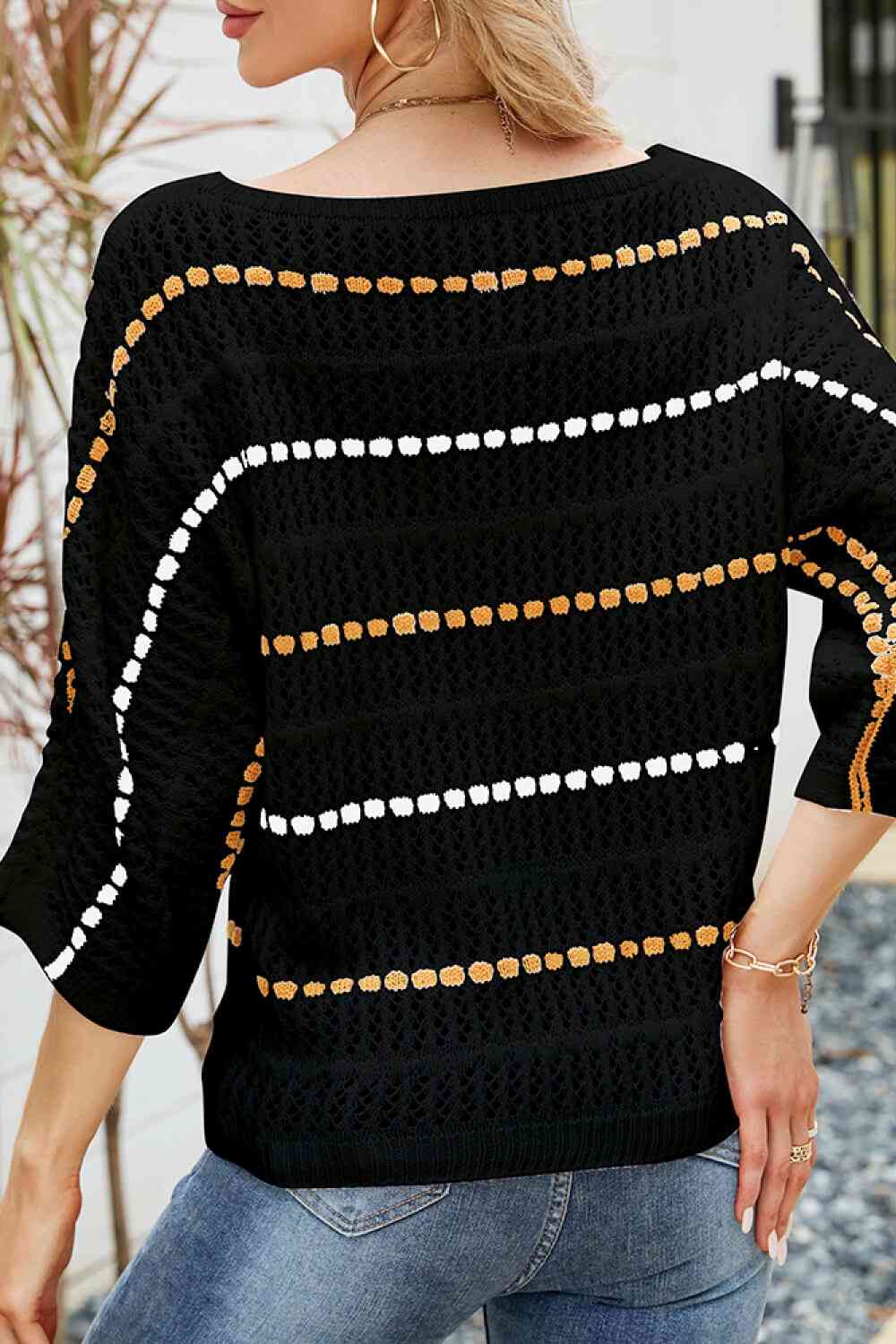 Striped Openwork Three-Quarter Sleeve Knit Top - TRENDMELO