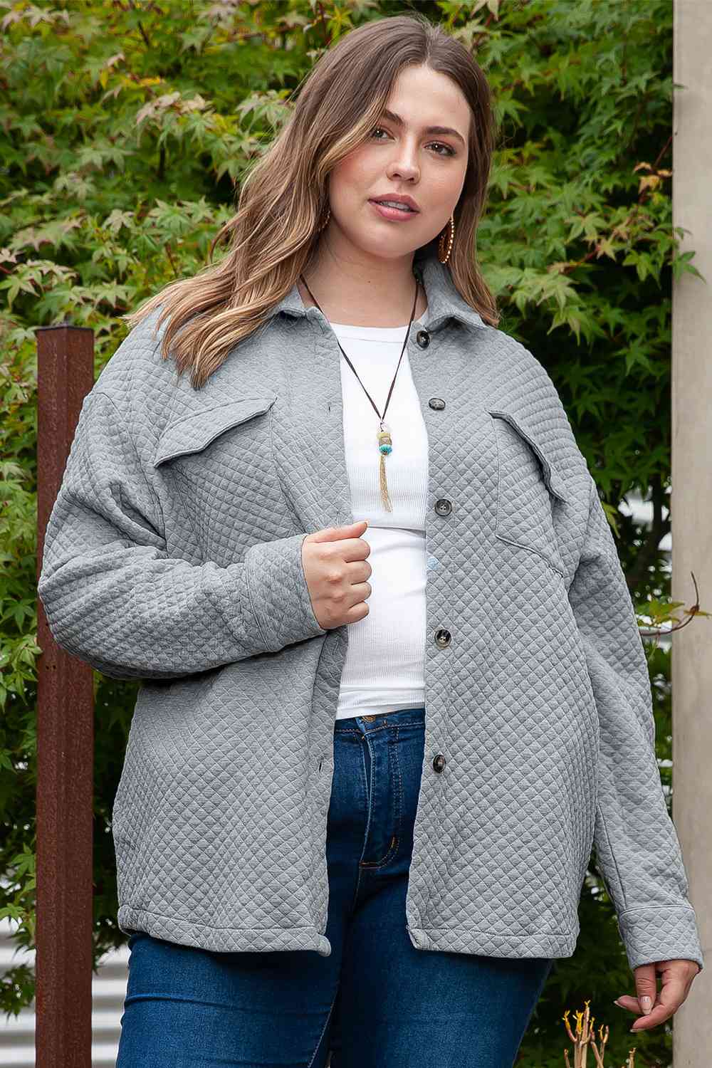 Plus Size Collared Neck Button Up Pocketed Jacket - TRENDMELO