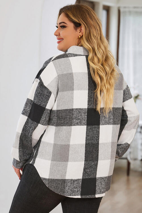 Plus Size Plaid Button Up Collared Neck Jacket - TRENDMELO