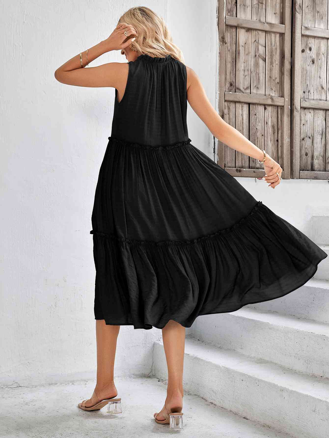 Tie Neck Frill Trim Sleeveless Dress - TRENDMELO
