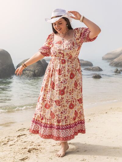 Plus Size Printed Square Neck Ruffle Hem Dress - TRENDMELO