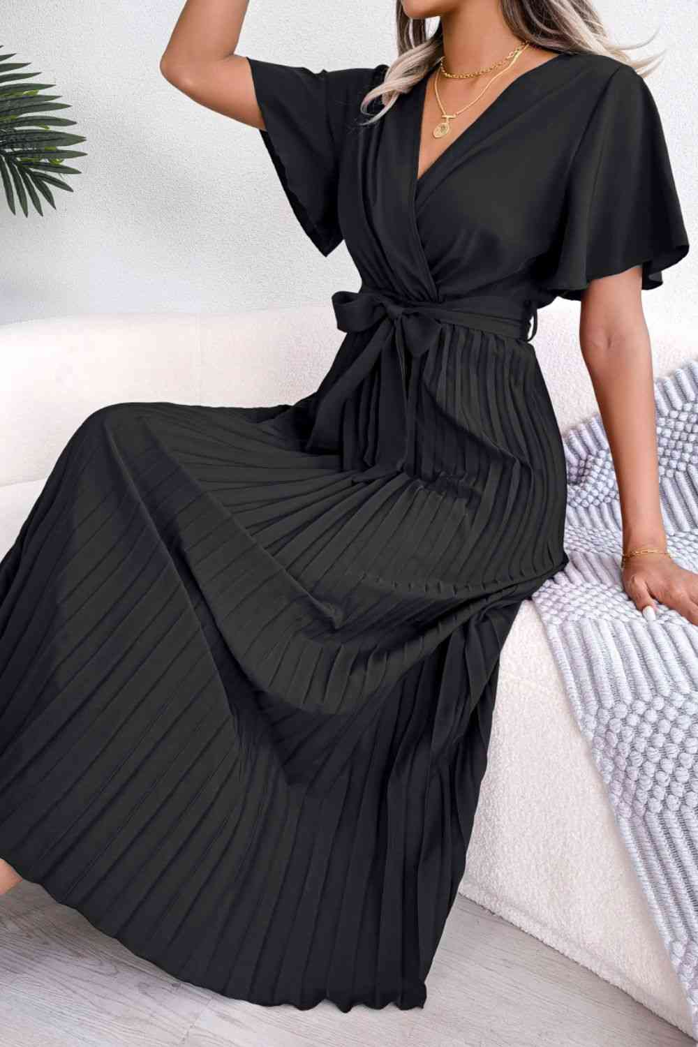 Pleated Flutter Sleeve Belted Dress - TRENDMELO
