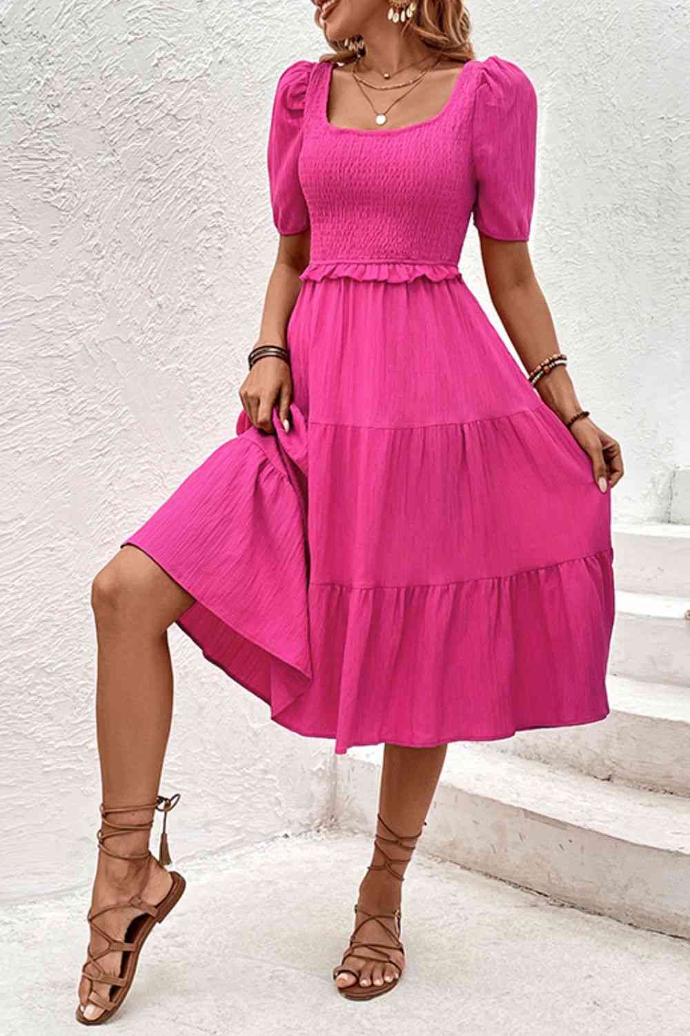 Square Neck Puff Sleeve Cutout Dress - TRENDMELO