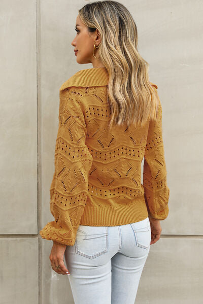 Openwork Lantern Sleeve Sweater - TRENDMELO