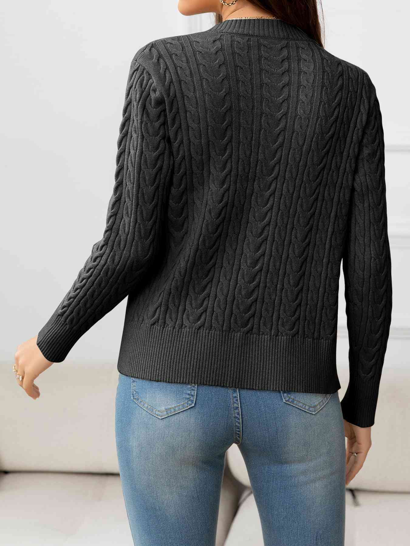 V-Neck Long Sleeve Cable-Knit Buttoned Knit Top - TRENDMELO