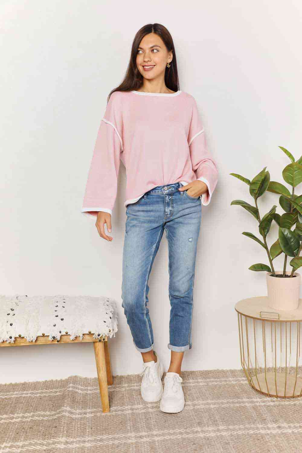 Double Take Contrast Detail Dropped Shoulder Knit Top - TRENDMELO