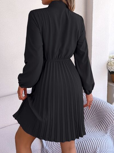 Tie Neck Balloon Sleeve Pleated Dress - TRENDMELO