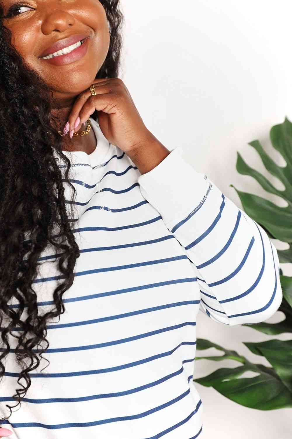 Double Take Striped Long Sleeve Round Neck Top - TRENDMELO