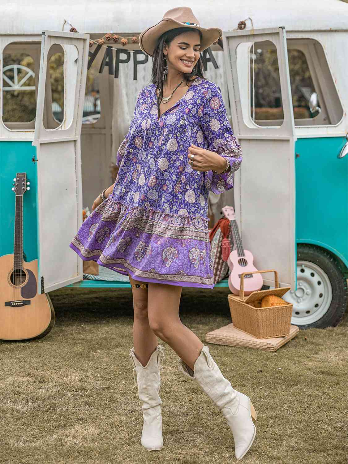 Floral Tie Neck Mini Dress - TRENDMELO