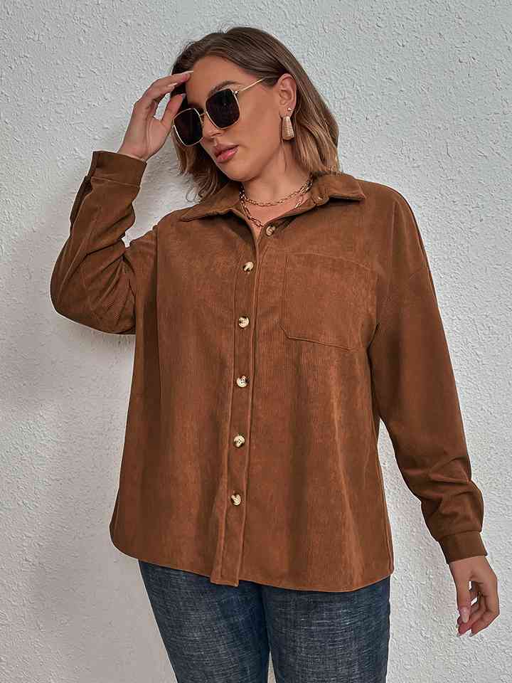 Plus Size Collared Neck Long Sleeve Shirt - TRENDMELO
