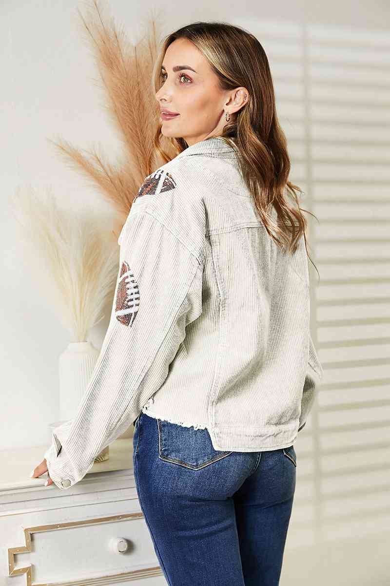 Football Patch Raw Hem Shacket - TRENDMELO