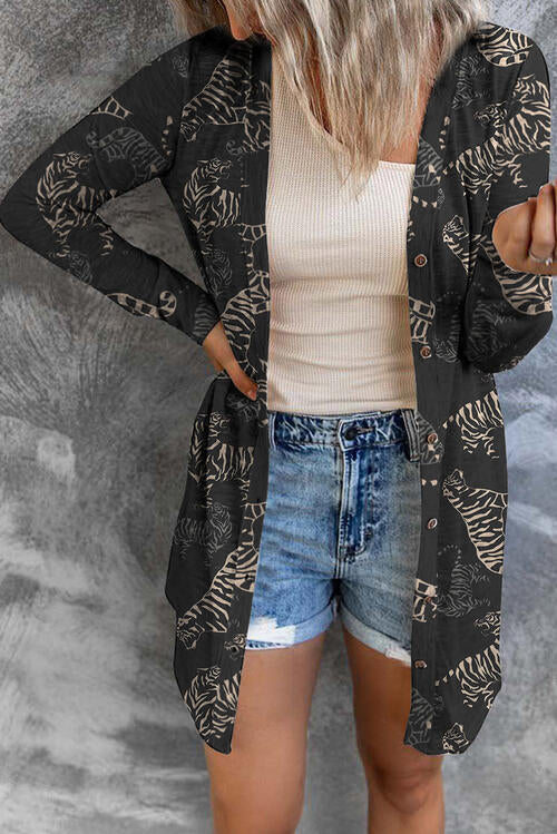 Tiger Print Button Up Long Sleeve Cardigan - TRENDMELO