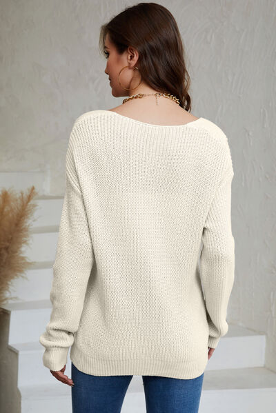 V-Neck Long Sleeve Knit Top - TRENDMELO