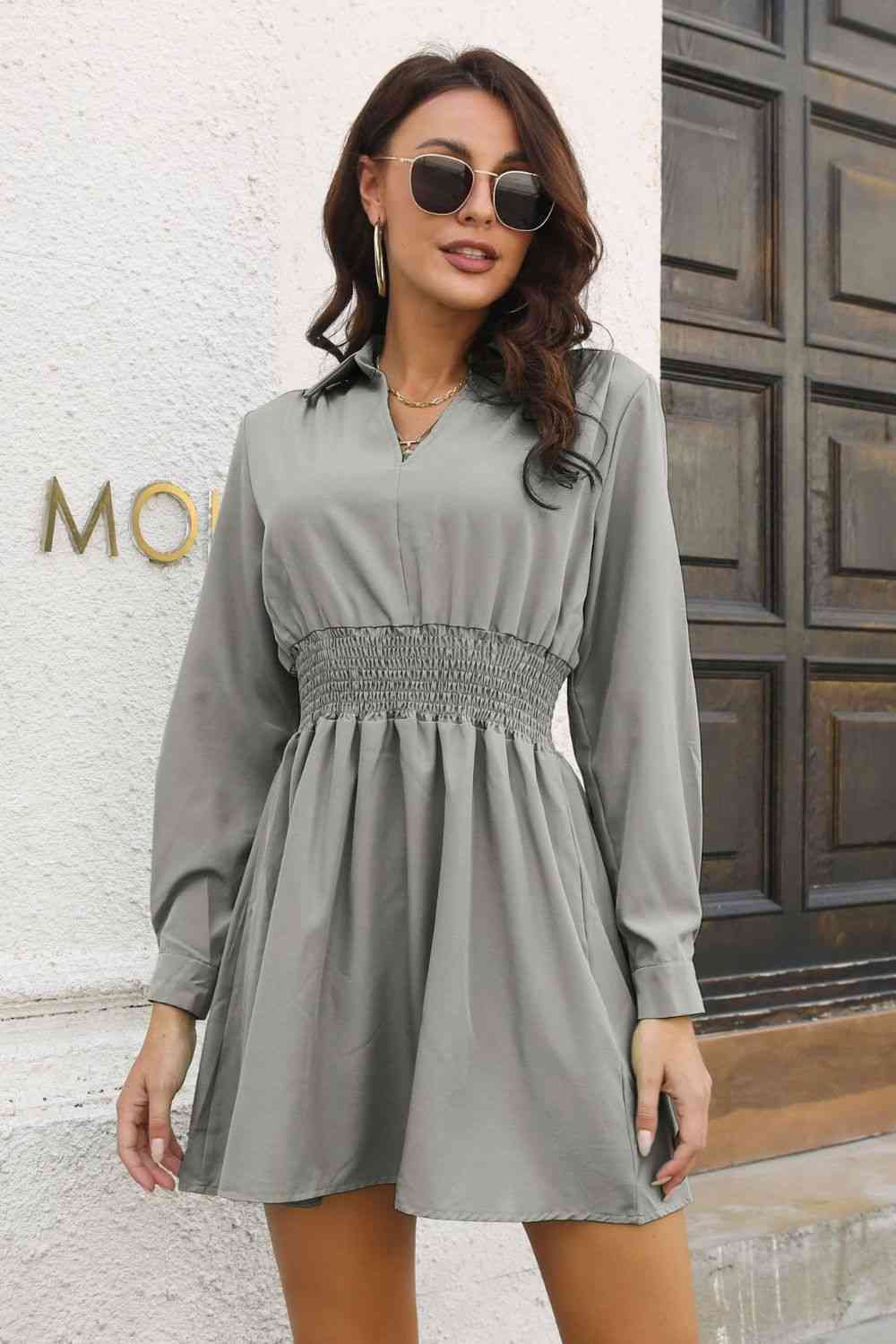 Johnny Collar Smocked Waist Long Sleeve Mini Dress - TRENDMELO