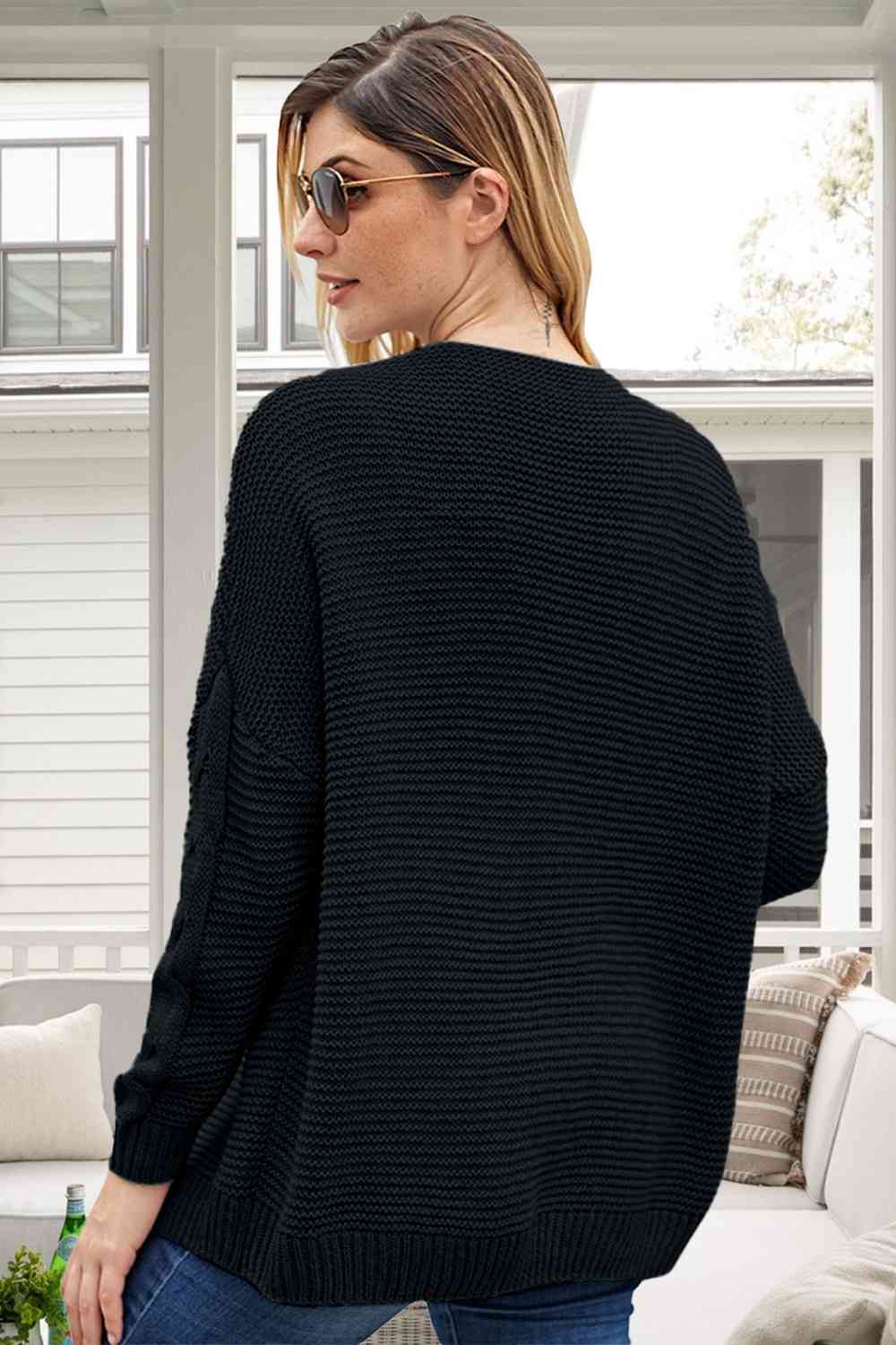 Cable-Knit Open Front Long Sleeve Cardigan - TRENDMELO