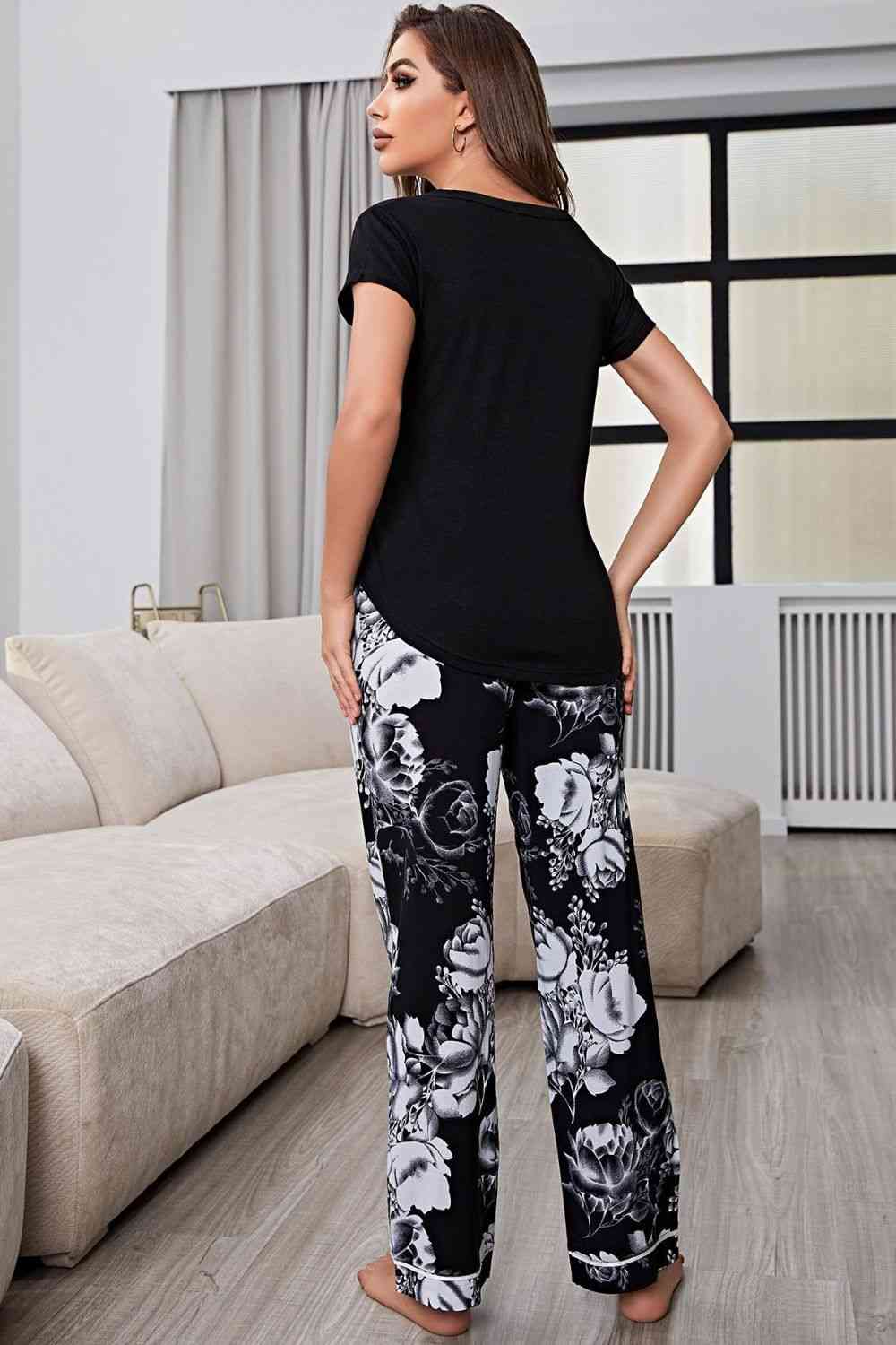 Full Size V-Neck Top and Floral Pants Lounge Set - TRENDMELO