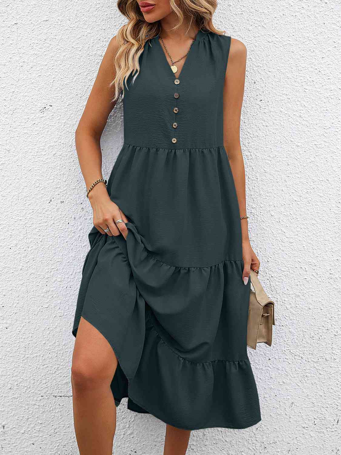 V-Neck Sleeveless Tiered Dress - TRENDMELO