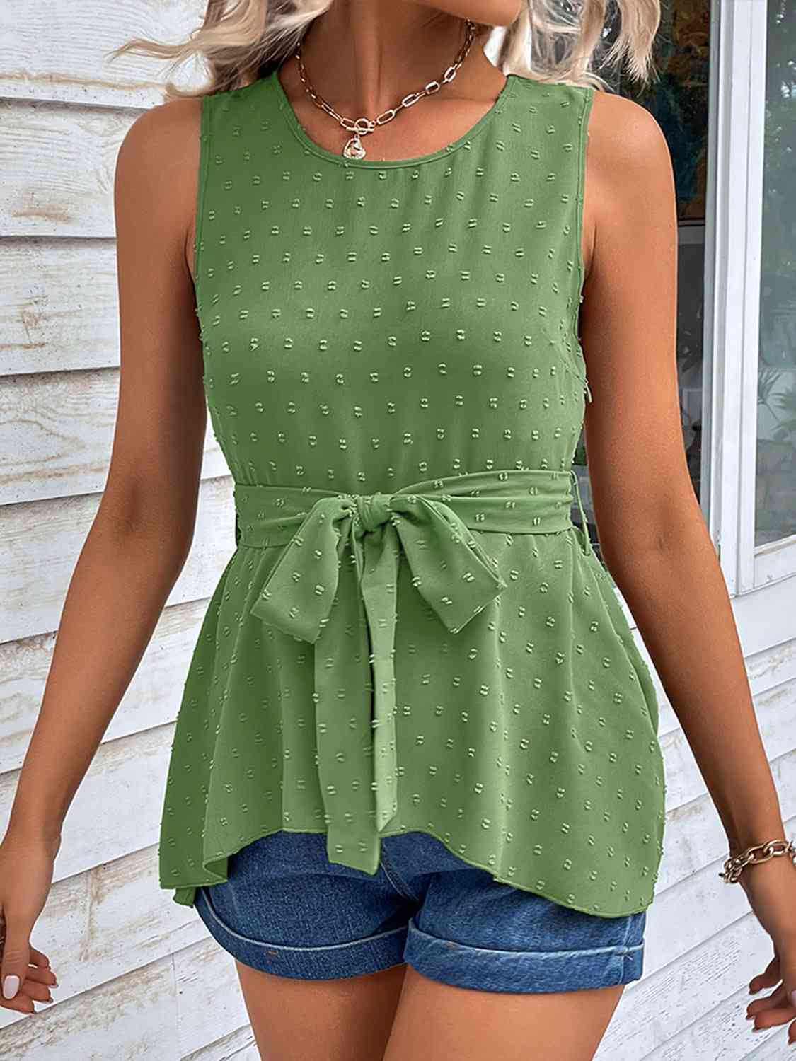 Swiss Dot Tie Waist Tank Top - TRENDMELO
