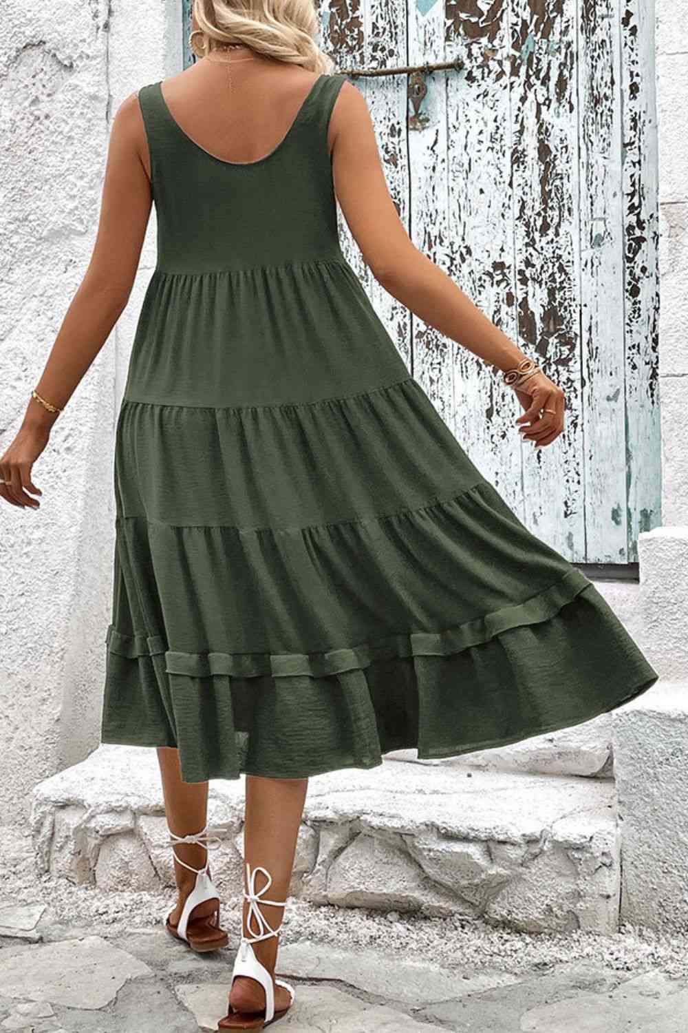 Decorative Button Scoop Neck Tiered Sleeveless Dress - TRENDMELO
