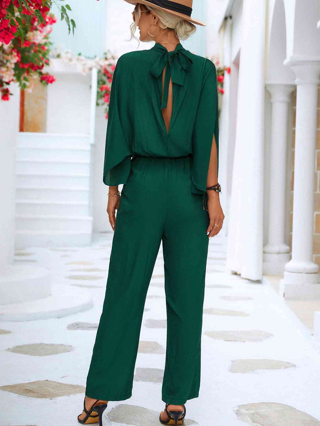 Tie Back Mock Neck Split Sleeve Jumpsuit - TRENDMELO