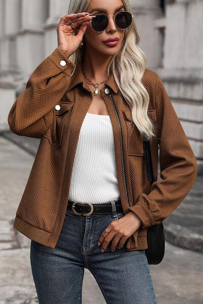 Textured Zip Up Collared Neck Jacket - TRENDMELO
