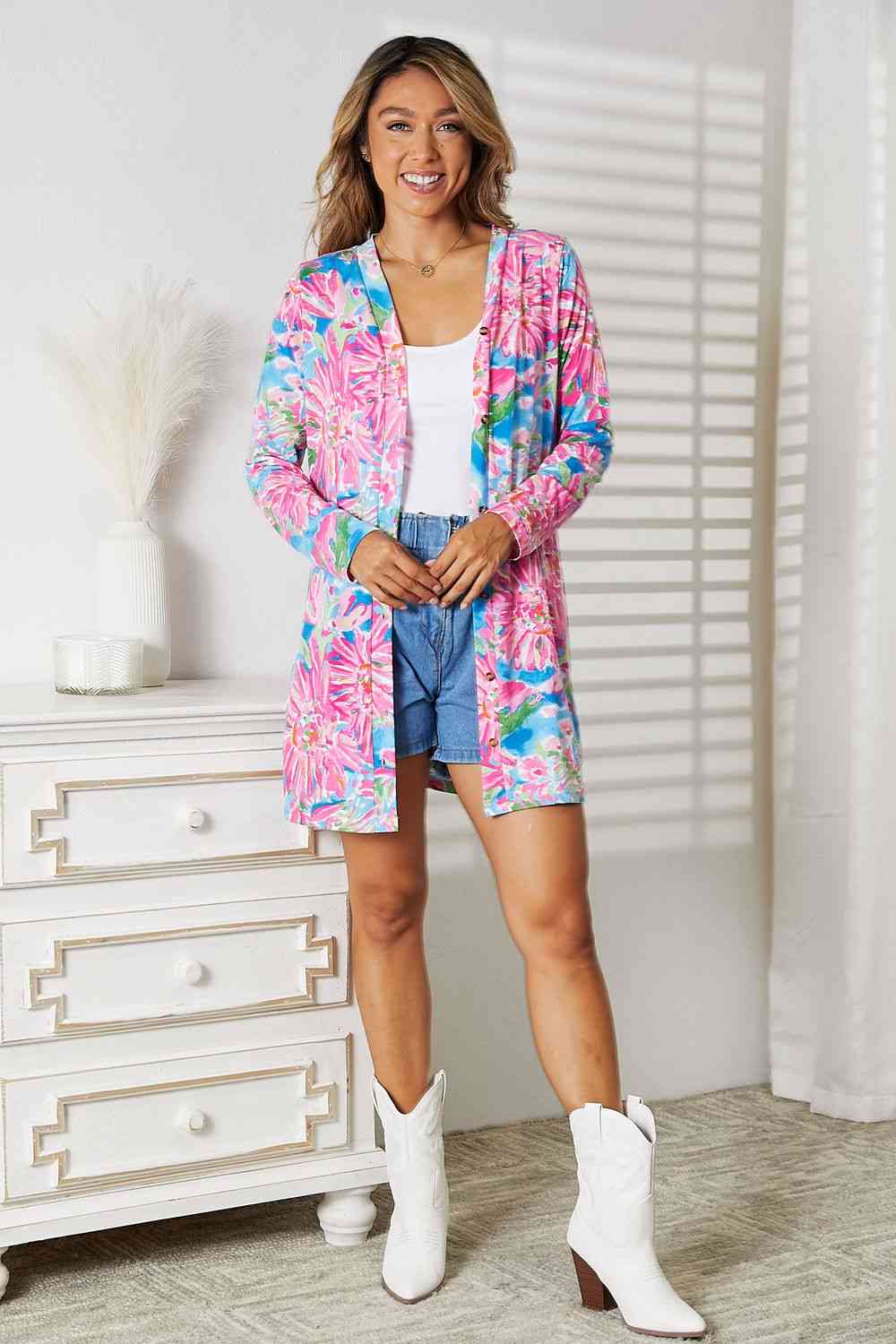 Double Take Floral Open Front Long Sleeve Cardigan - TRENDMELO