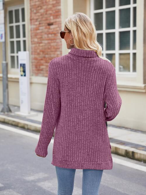 Ribbed Turtleneck Long Sleeve Slit Knit Top - TRENDMELO