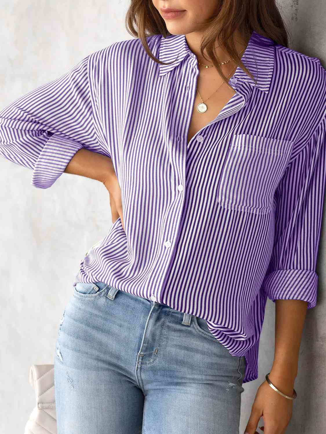 Striped Collared Neck Shirt with Pocket - TRENDMELO