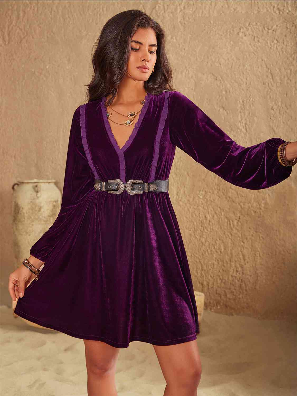 Ruffled V-Neck Long Sleeve Dress - TRENDMELO