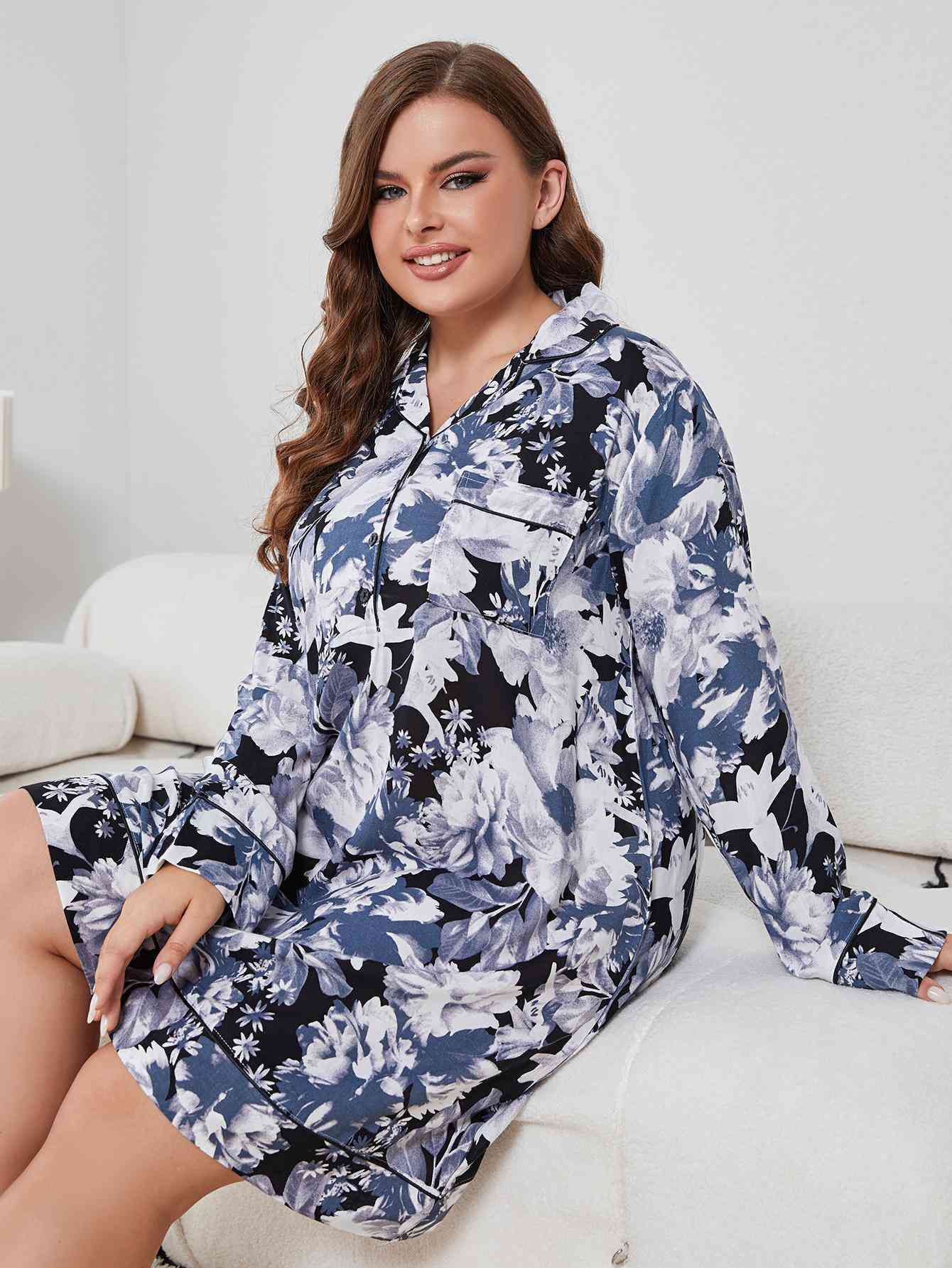 Plus Size Floral Lapel Collar Long Sleeve Night Dress - TRENDMELO