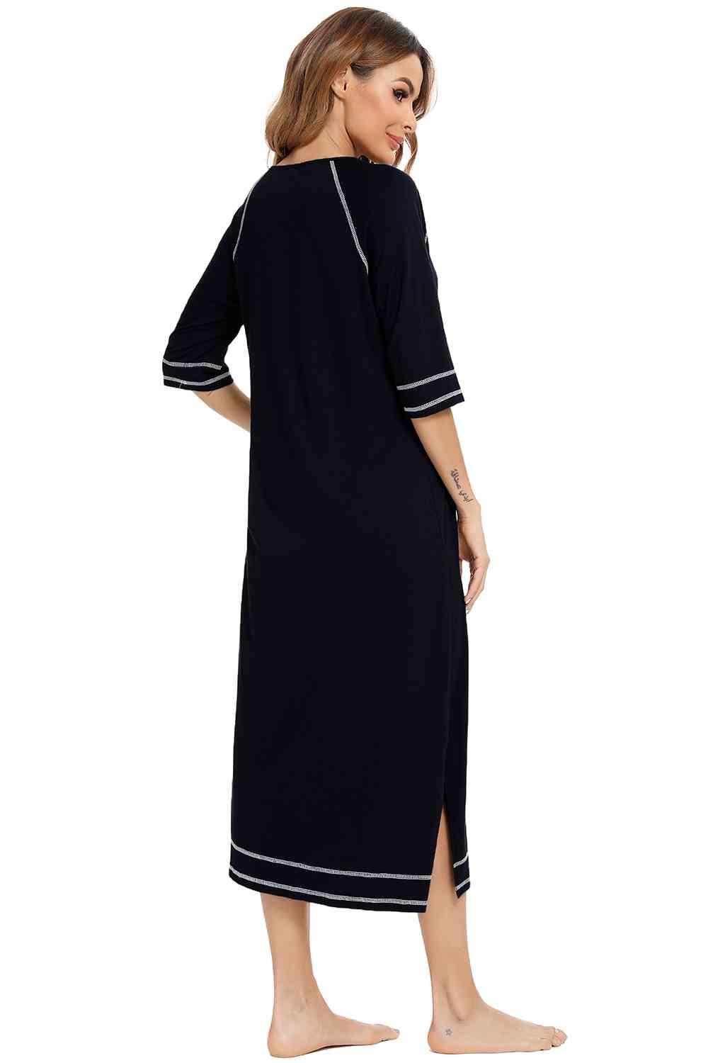 Zip Up Slit Round Neck Night Dress with Pockets - TRENDMELO