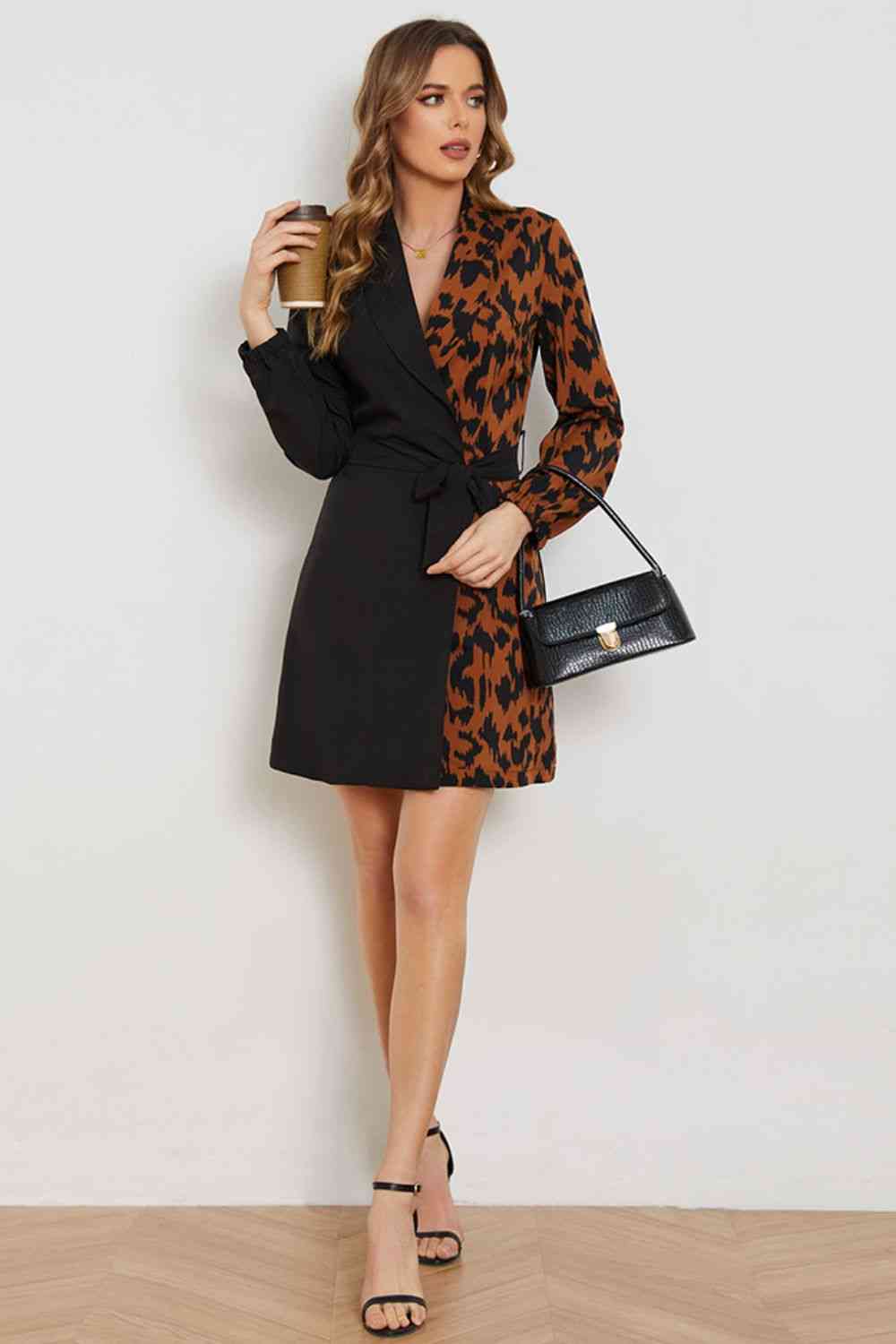 Leopard Color Block Belted Shawl Collar Dress - TRENDMELO