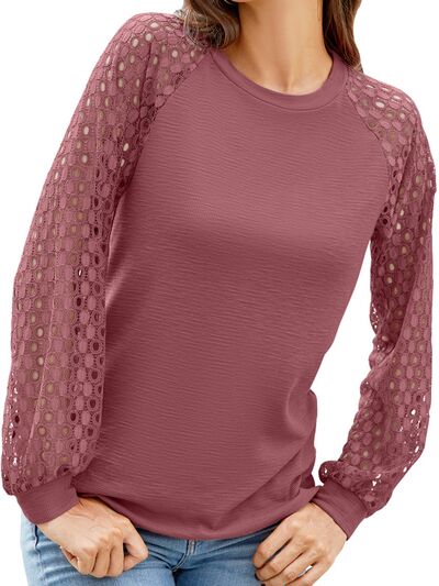 Full Size Eyelet Round Neck Long Sleeve T-Shirt - TRENDMELO