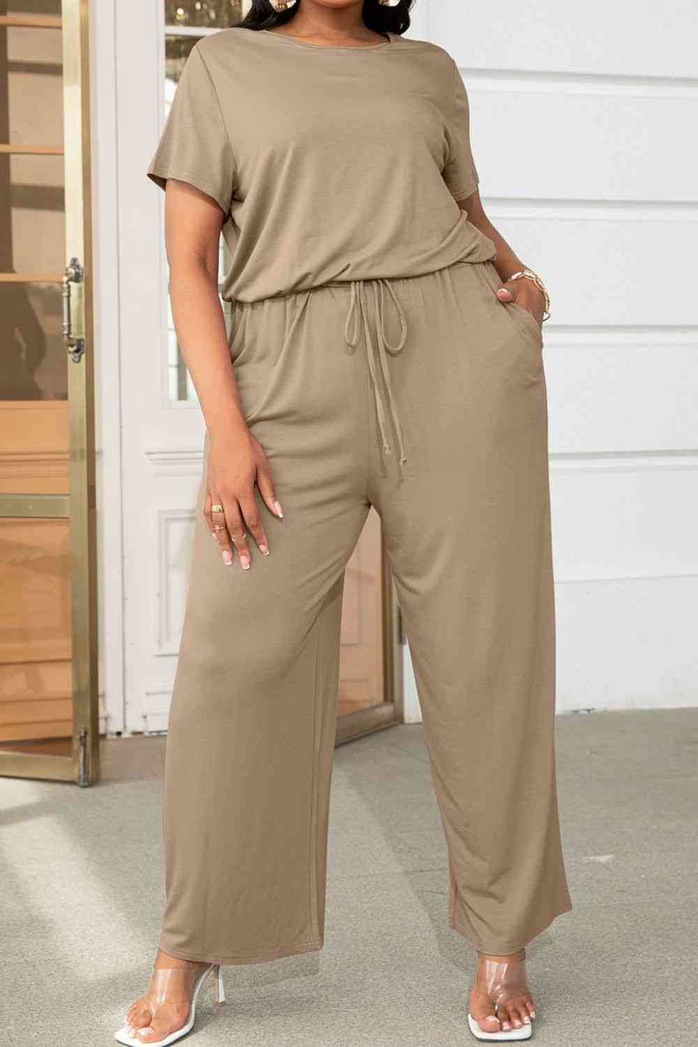Plus Size Drawstring Waist Short Sleeve Jumpsuit - TRENDMELO