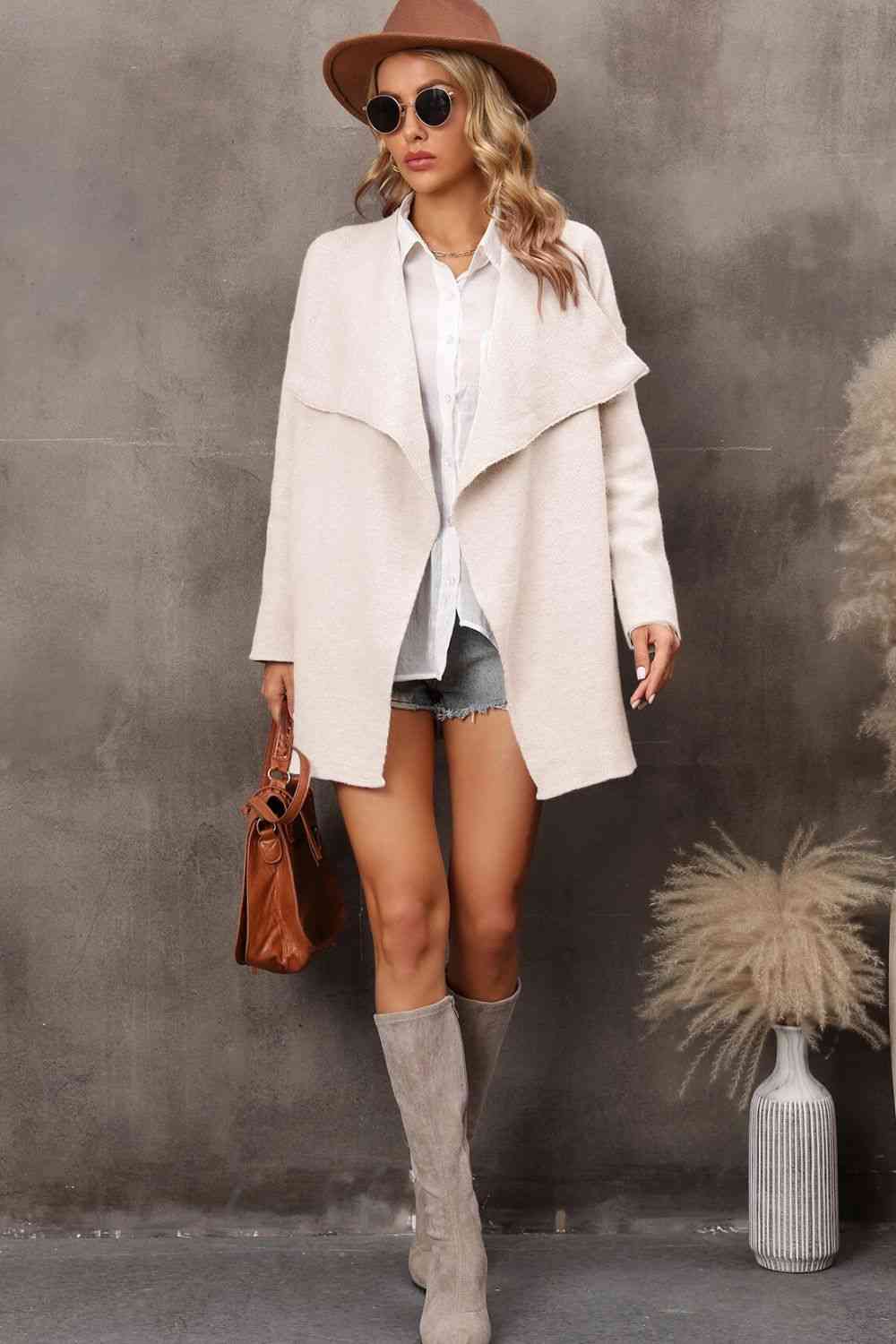 Waterfall Collar Longline Cardigan with Side Pockets - TRENDMELO