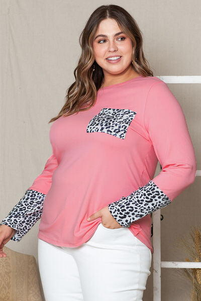 Plus Size Leopard Round Neck Long Sleeve T-Shirt - TRENDMELO