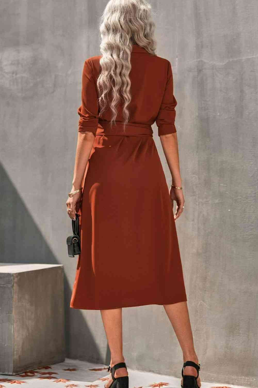 Collared Neck Tie Waist Midi Shirt Dress - TRENDMELO